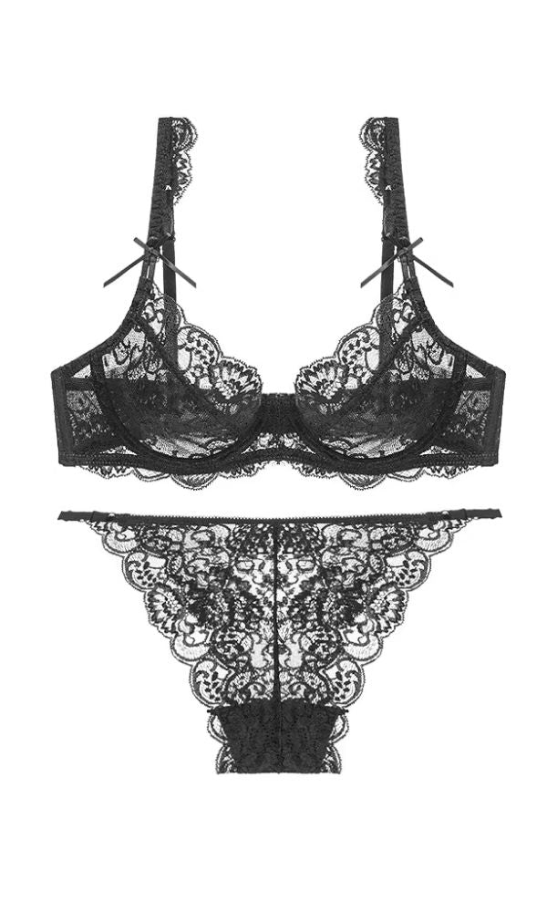BLACK LACE BOW LINGERIE SET