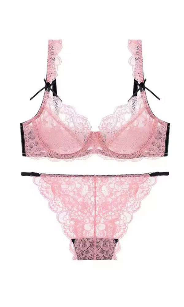 BLUSH LACE & BLACK BOW LINGERIE SET